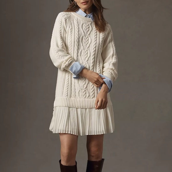 Dresses & Skirts - Cream Cable Knit Sweater Dress with Pleated Hem